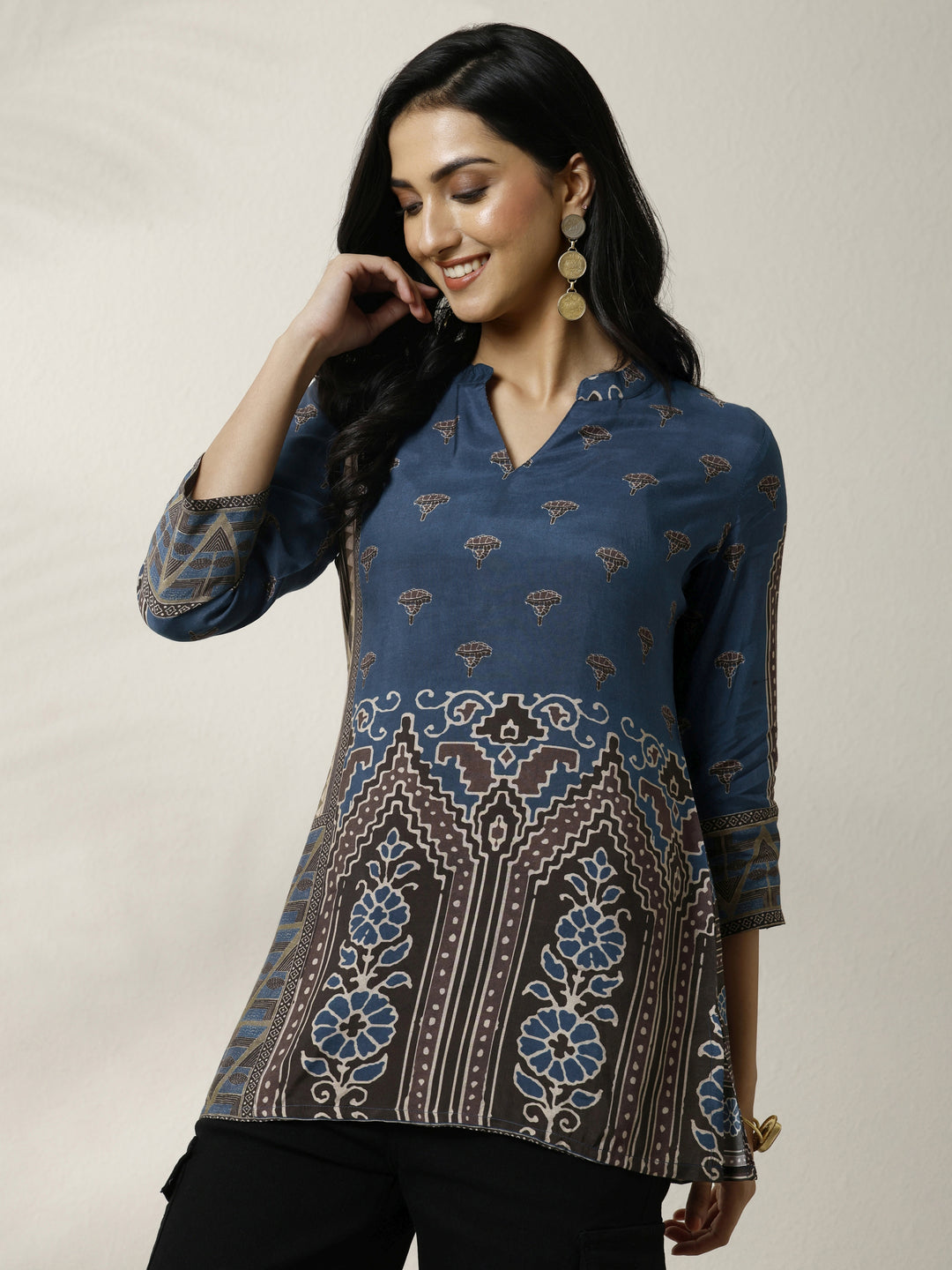  Navy Blue Block Printed Muslin Straight Short Kurti 