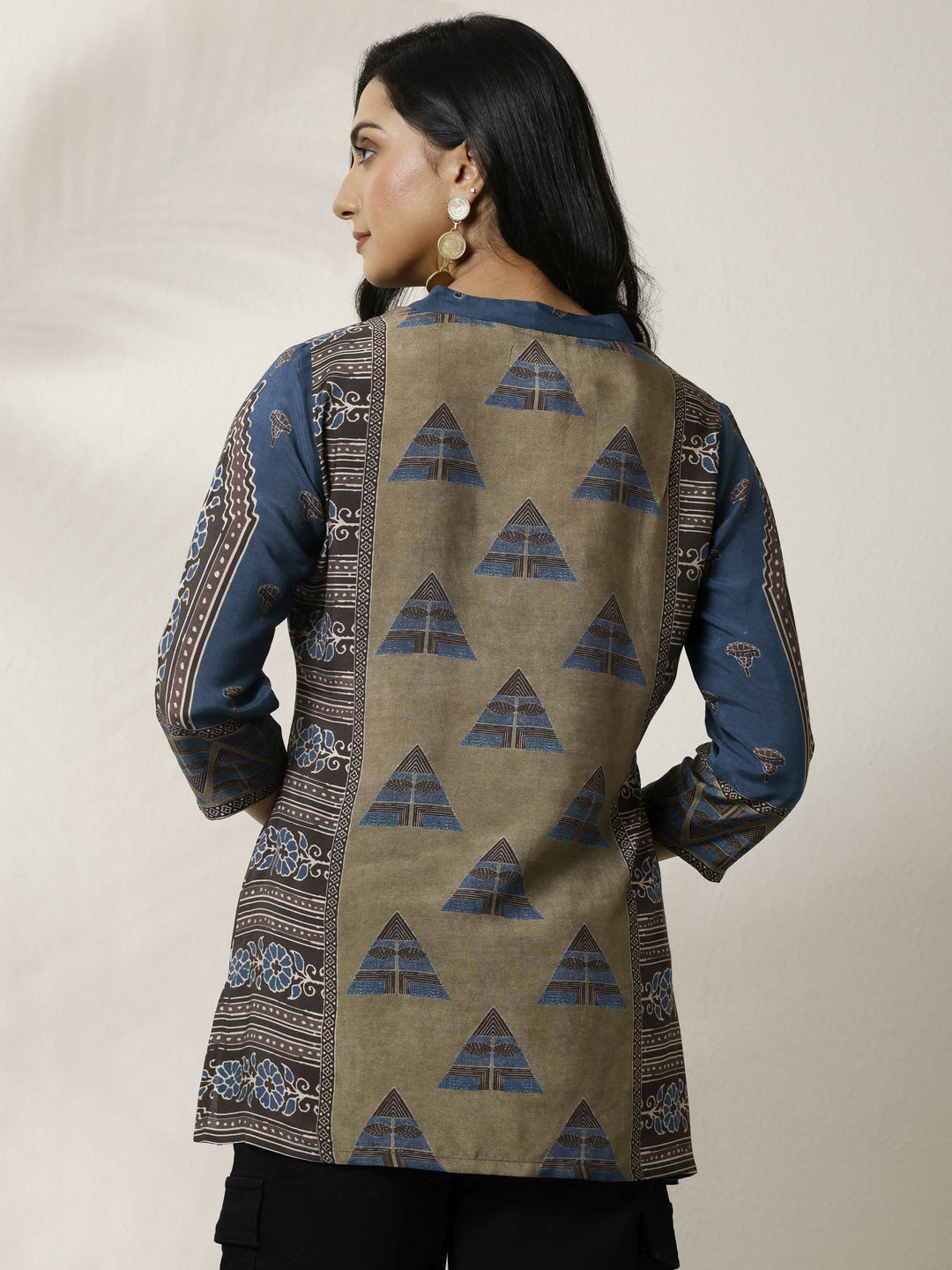  Navy Blue Block Printed Muslin Straight Short Kurti 