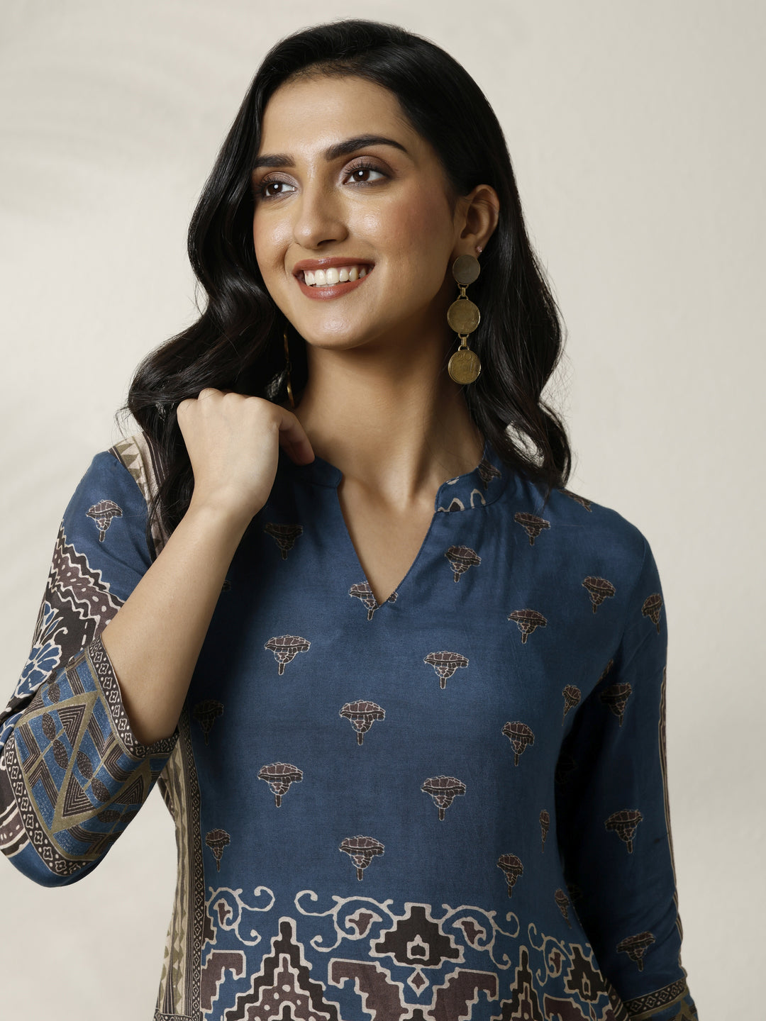  Navy Blue Block Printed Muslin Straight Short Kurti 