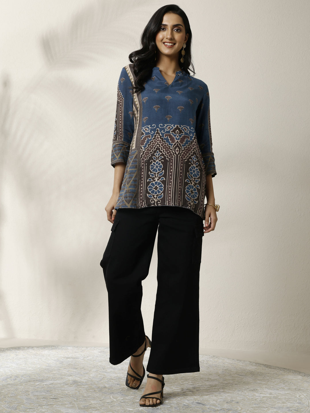  Navy Blue Block Printed Muslin Straight Short Kurti 