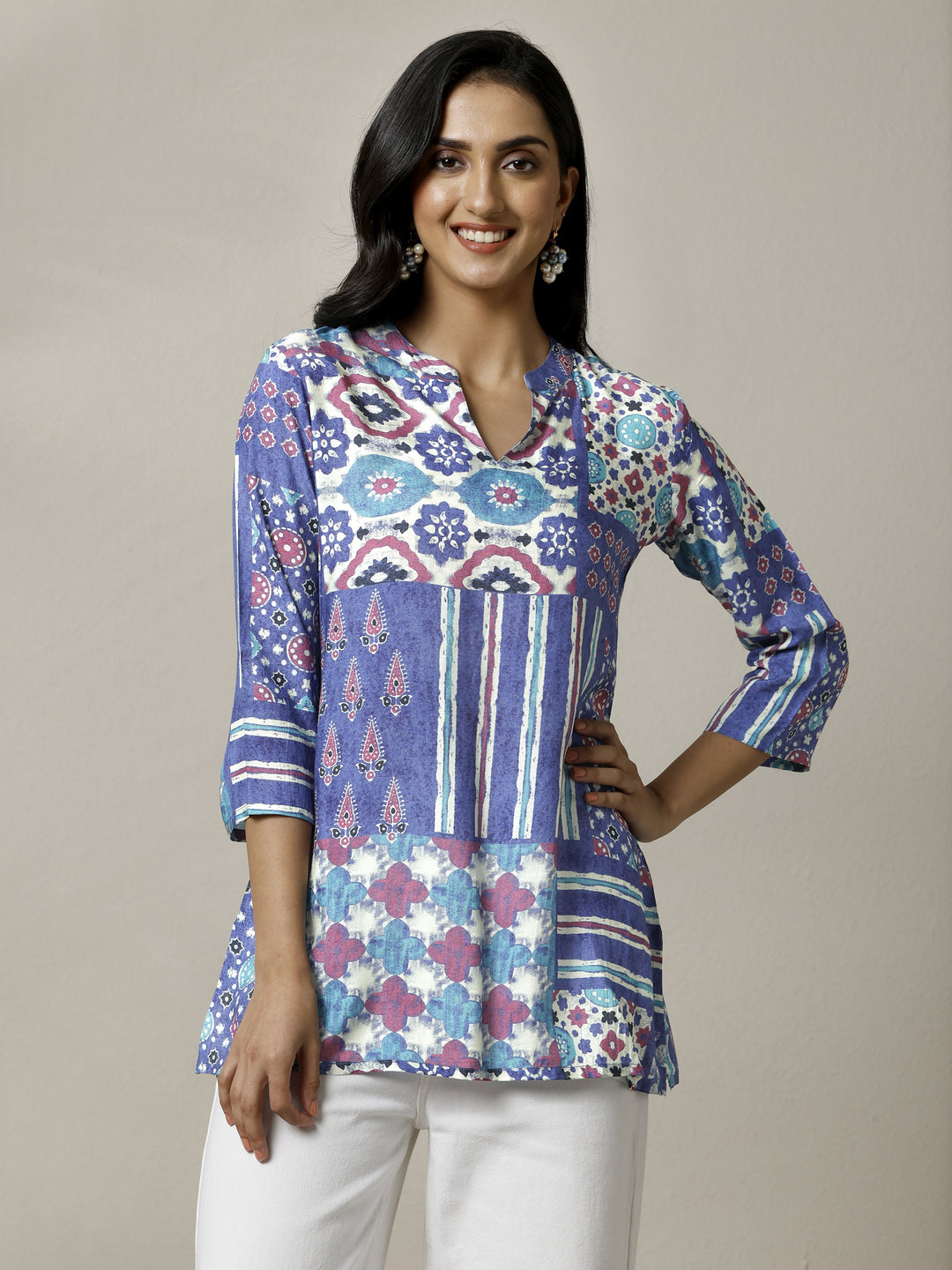  Blue Block Printed Muslin Straight Short Kurti 