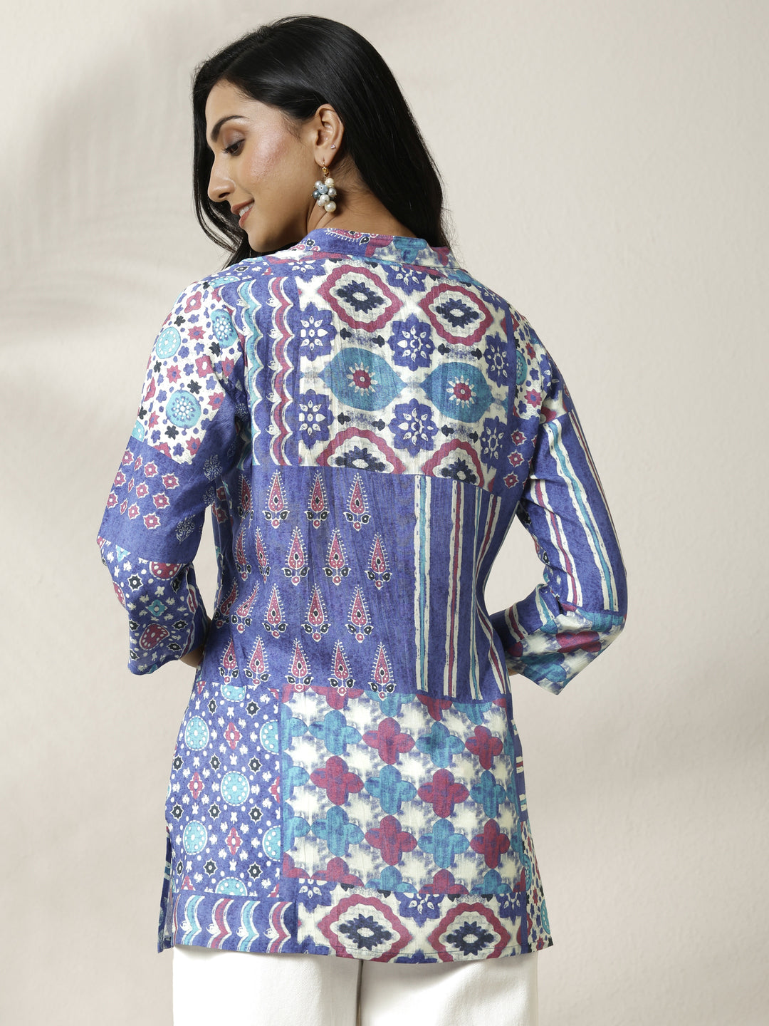  Blue Block Printed Muslin Straight Short Kurti 