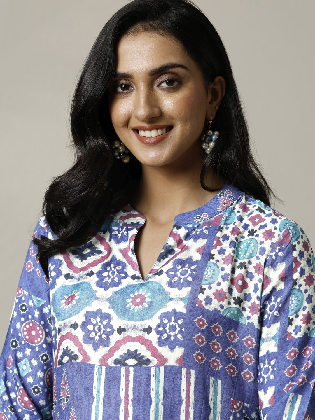  Blue Block Printed Muslin Straight Short Kurti 