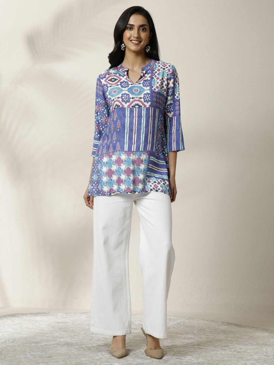  Blue Block Printed Muslin Straight Short Kurti 