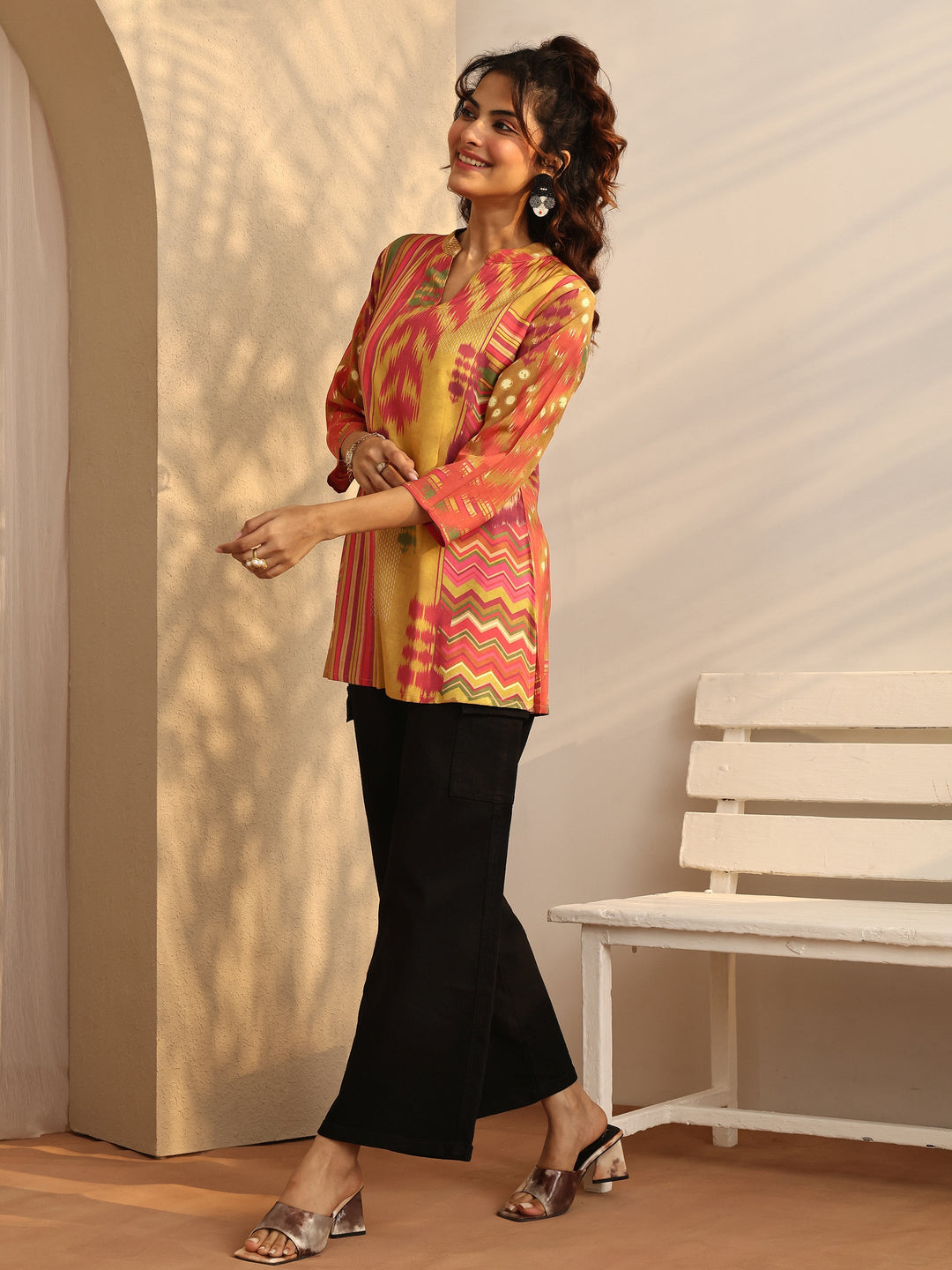  Mustard Multi Printed Muslin Straight Short Kurti 