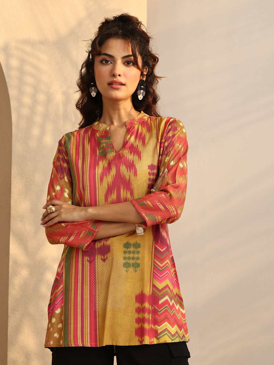  Mustard Multi Printed Muslin Straight Short Kurti 