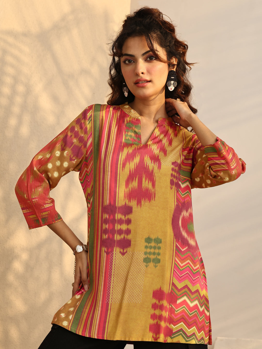 Mustard Multi Printed Muslin Straight Short Kurti 