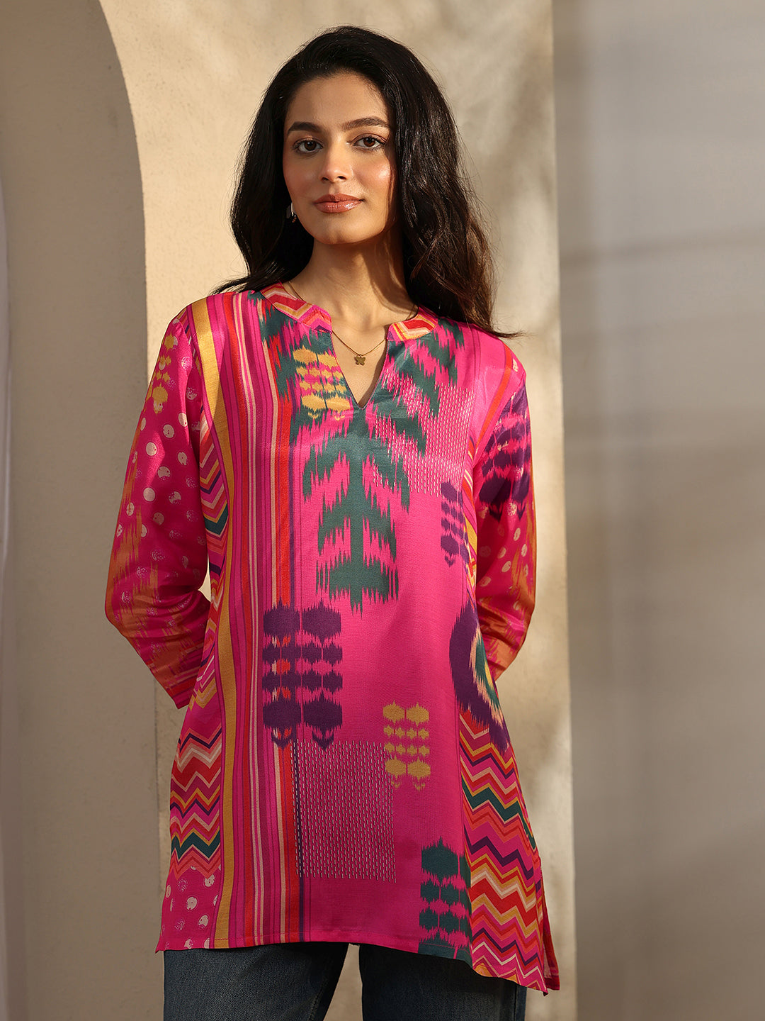  Pink Printed Muslin Straight Short Kurti 