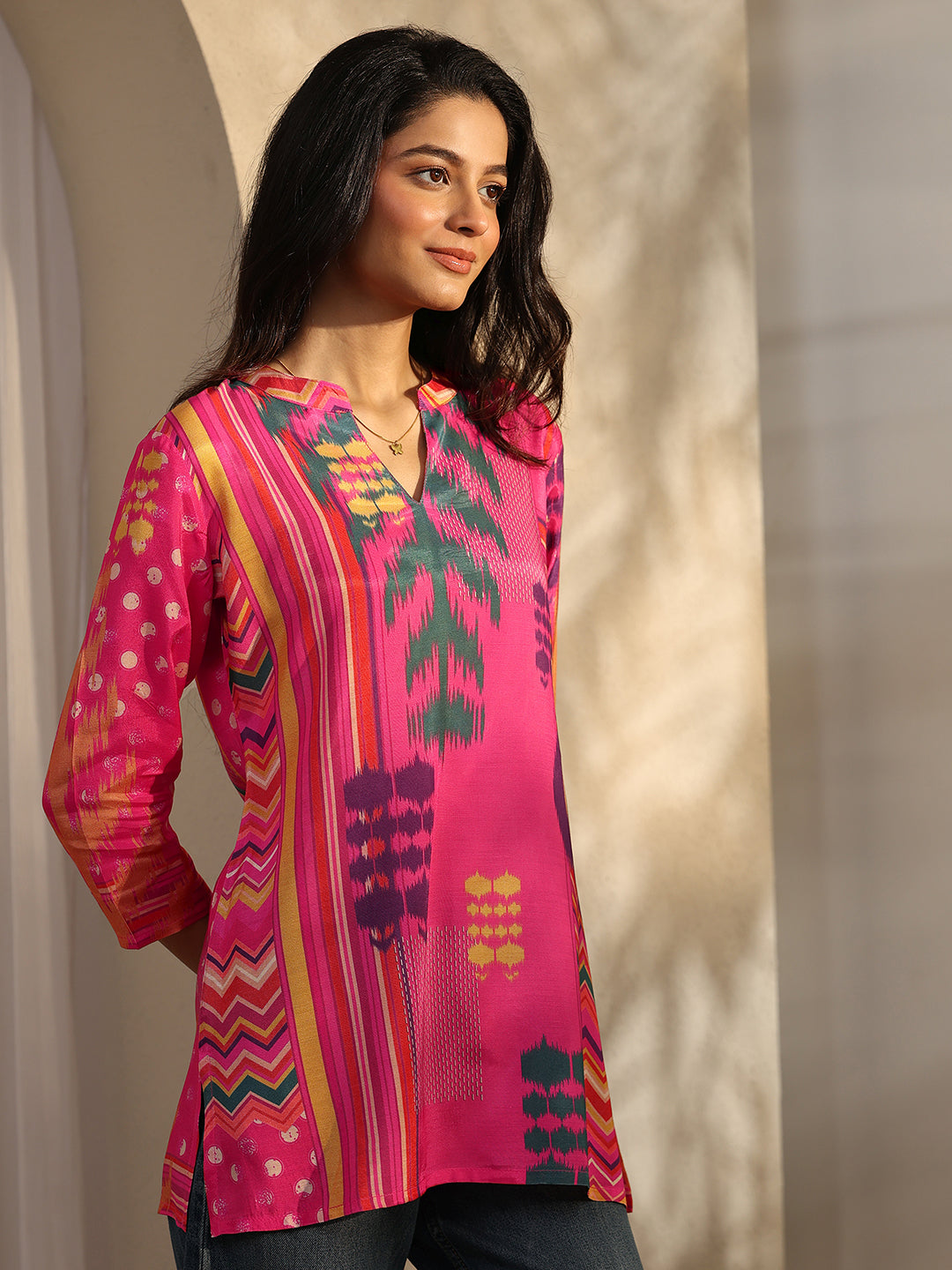  Pink Printed Muslin Straight Short Kurti 
