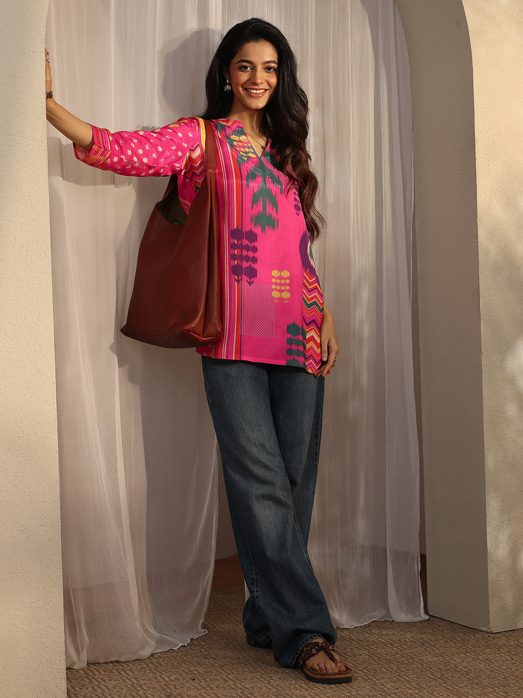  Pink Printed Muslin Straight Short Kurti 