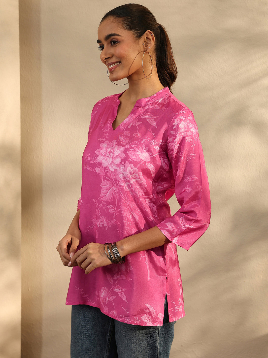  Pink Printed Muslin Straight Short Kurti 