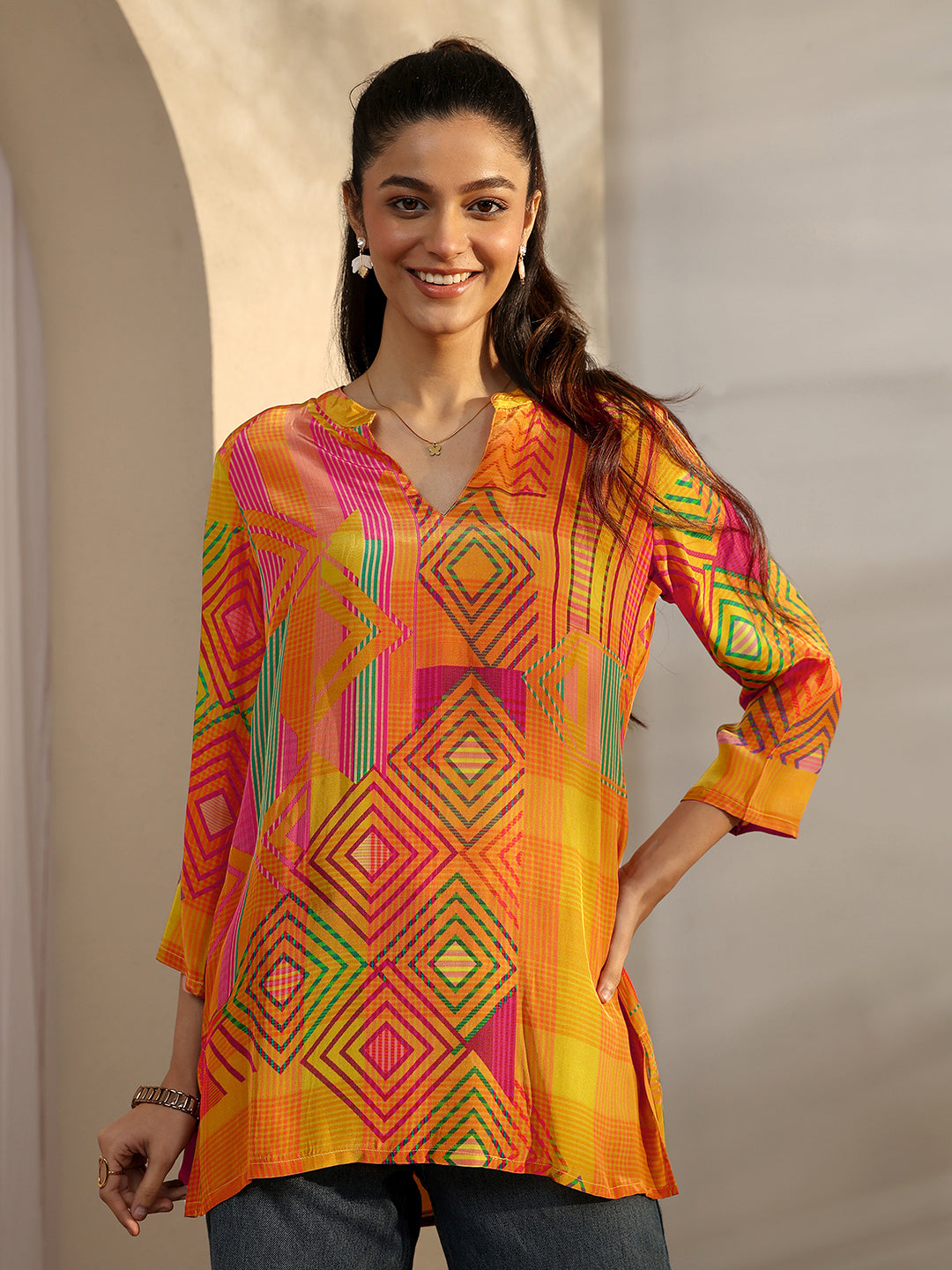  Mustard Geometric Printed Crepe Straight Short Kurti 