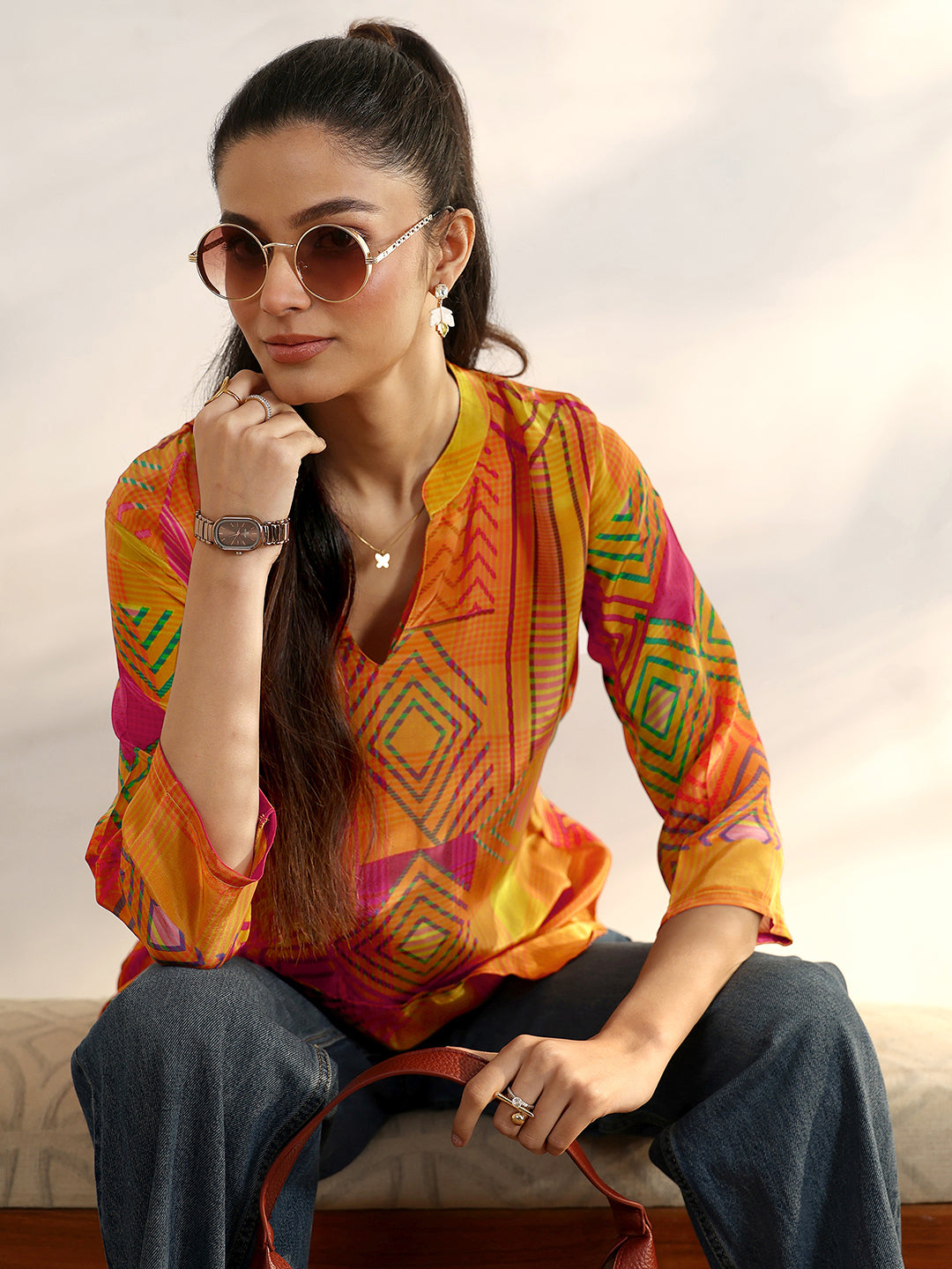  Mustard Geometric Printed Crepe Straight Short Kurti 