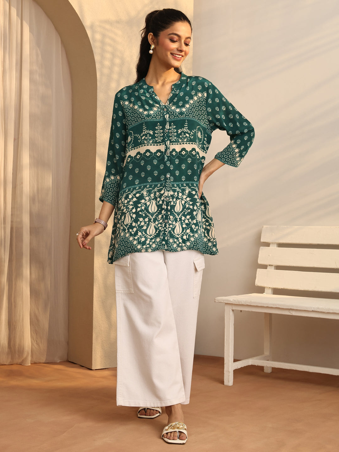  Green Printed Crepe Straight Short Kurti 