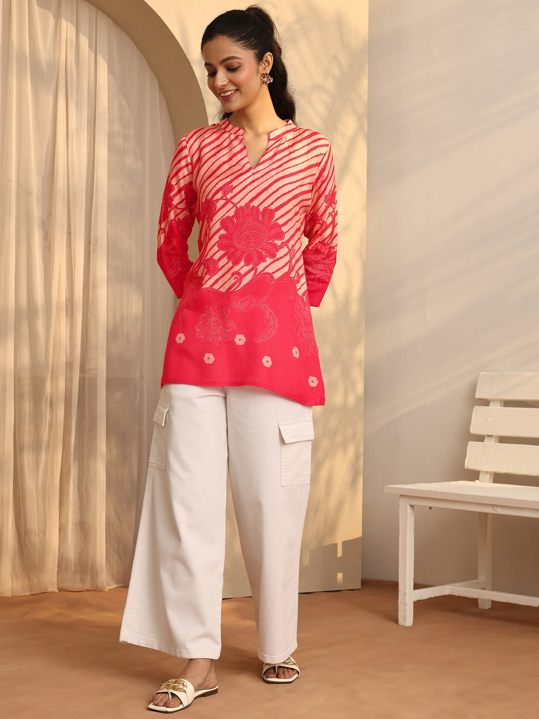  Coral Printed Muslin Straight Short Kurti 
