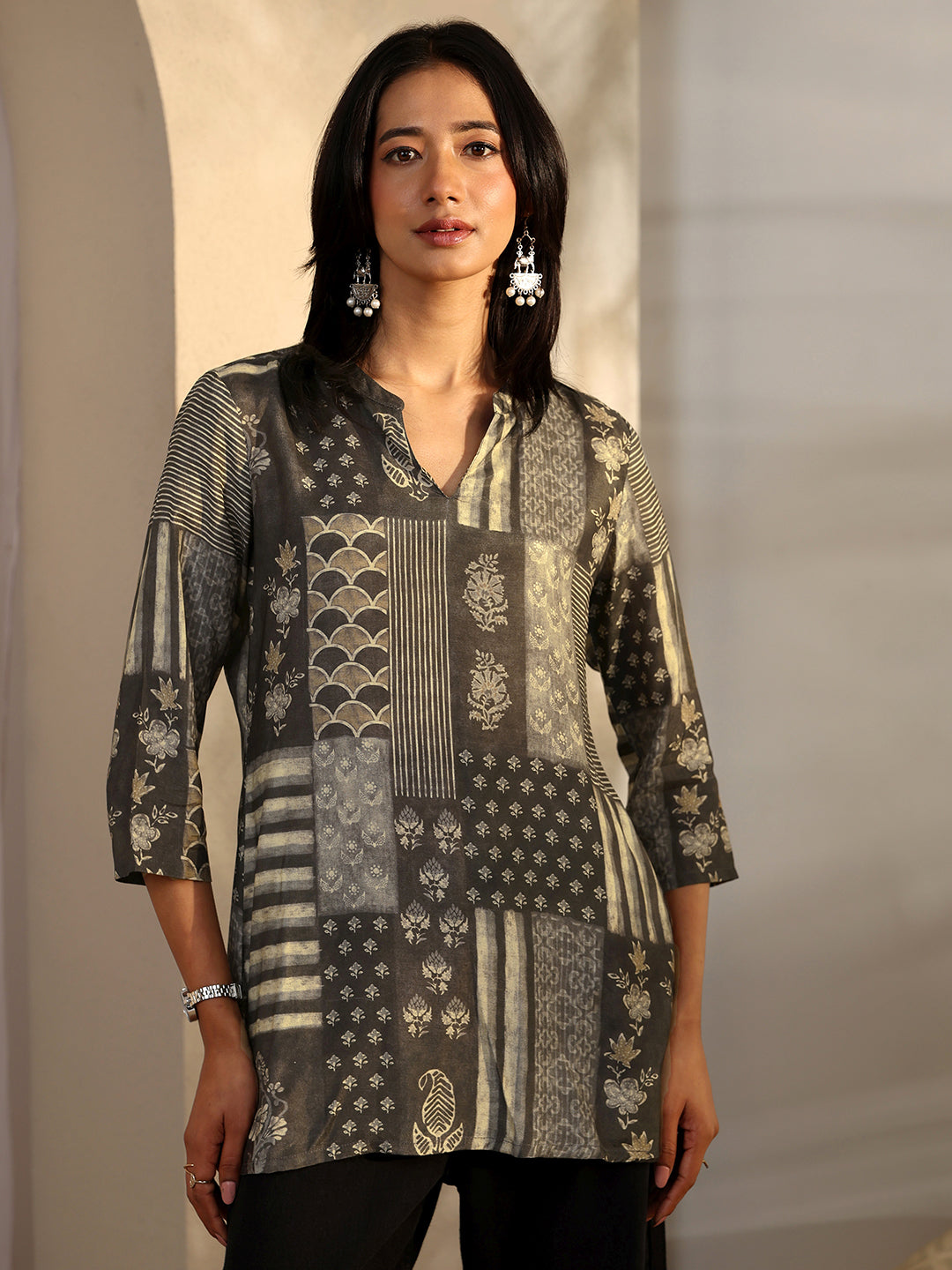 Grey Printed Muslin Straight Short Kurti