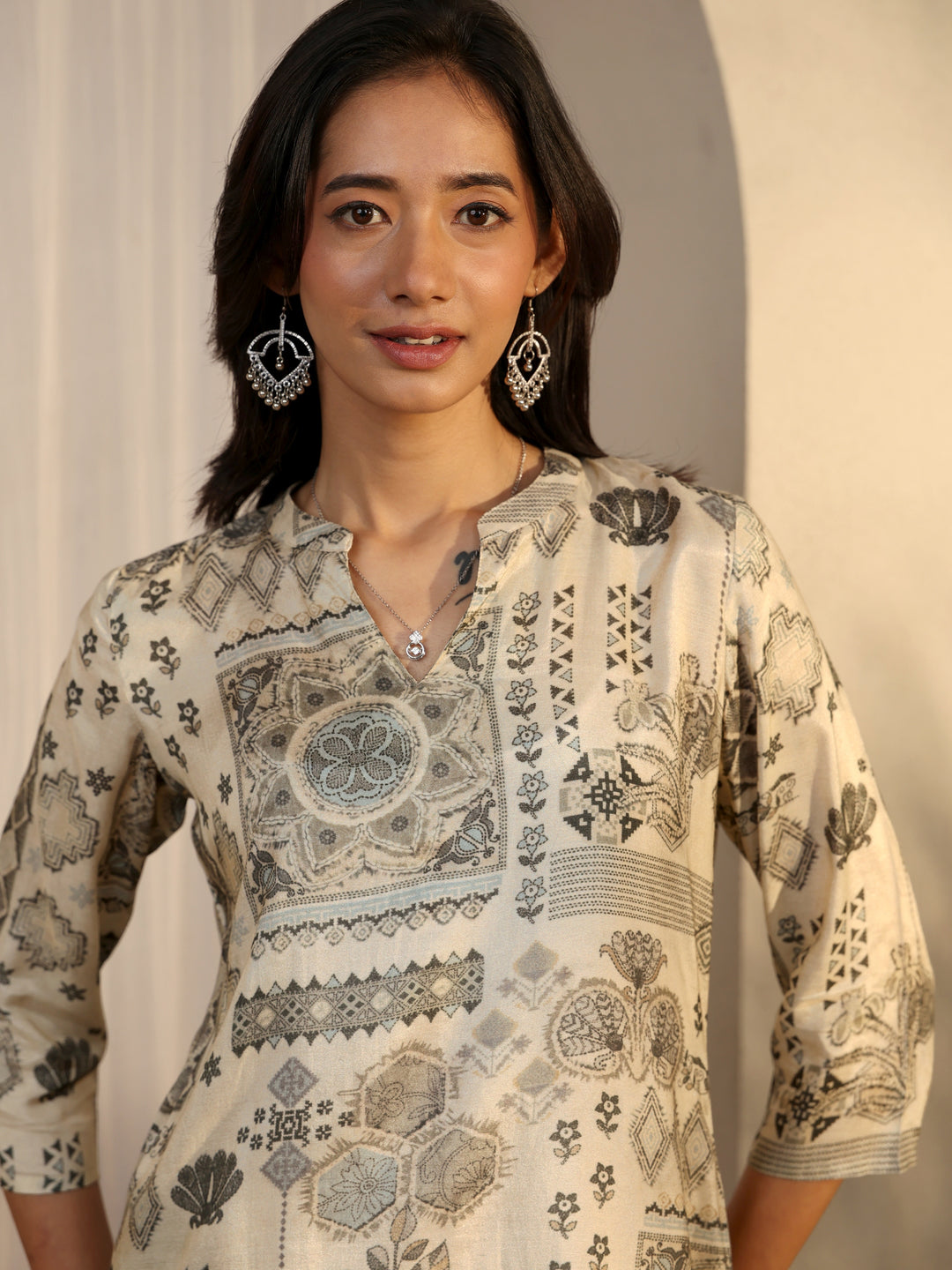  Beige Block Printed Muslin Straight Short Kurti 