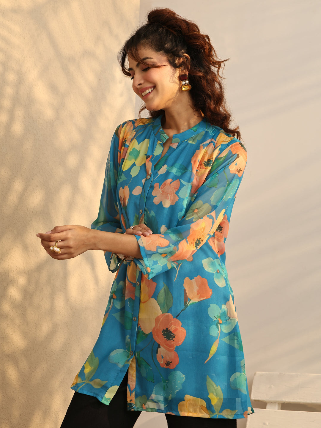  Blue Printed Chiffon Straight Shirt 