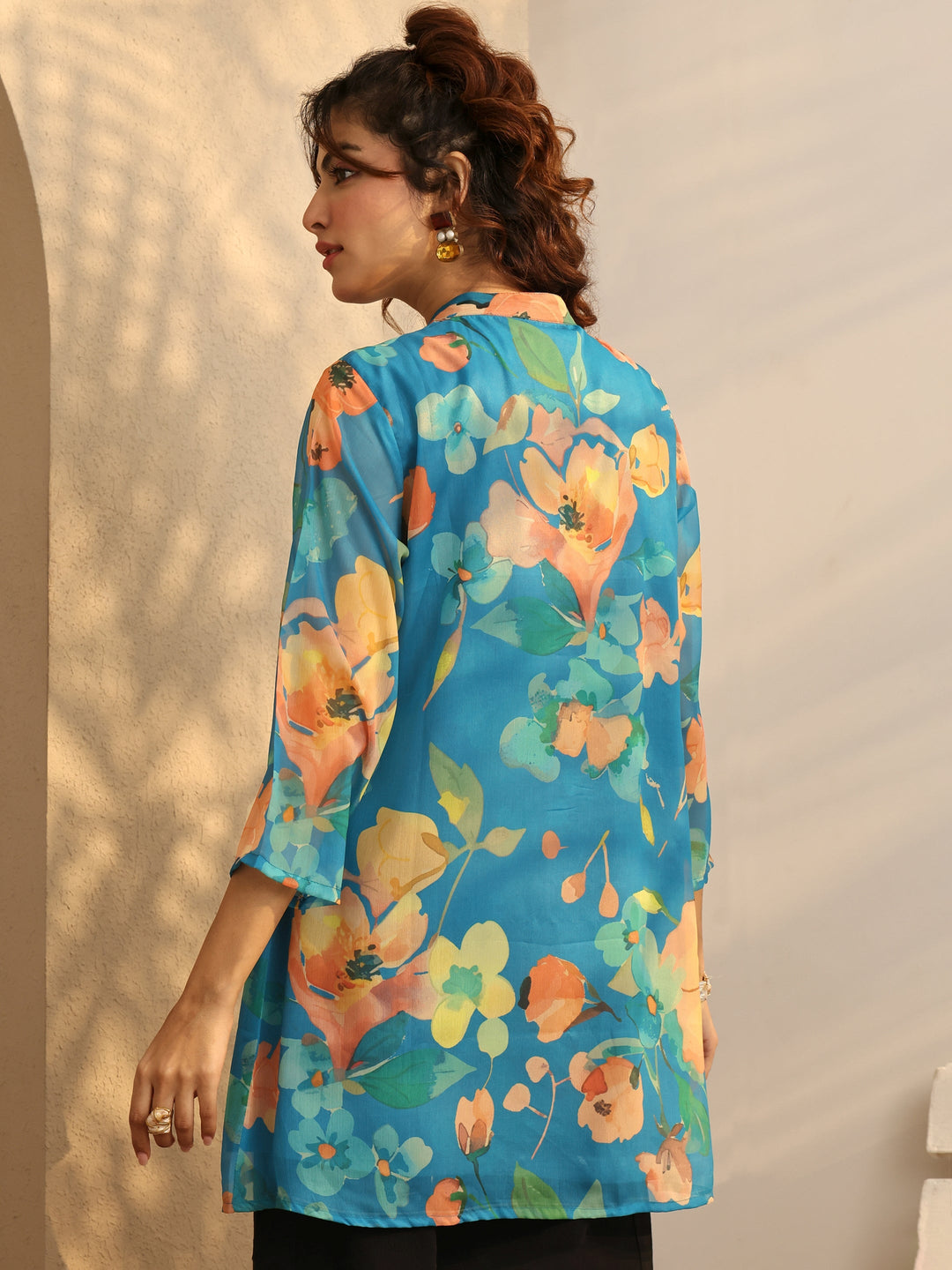  Blue Printed Chiffon Straight Shirt 
