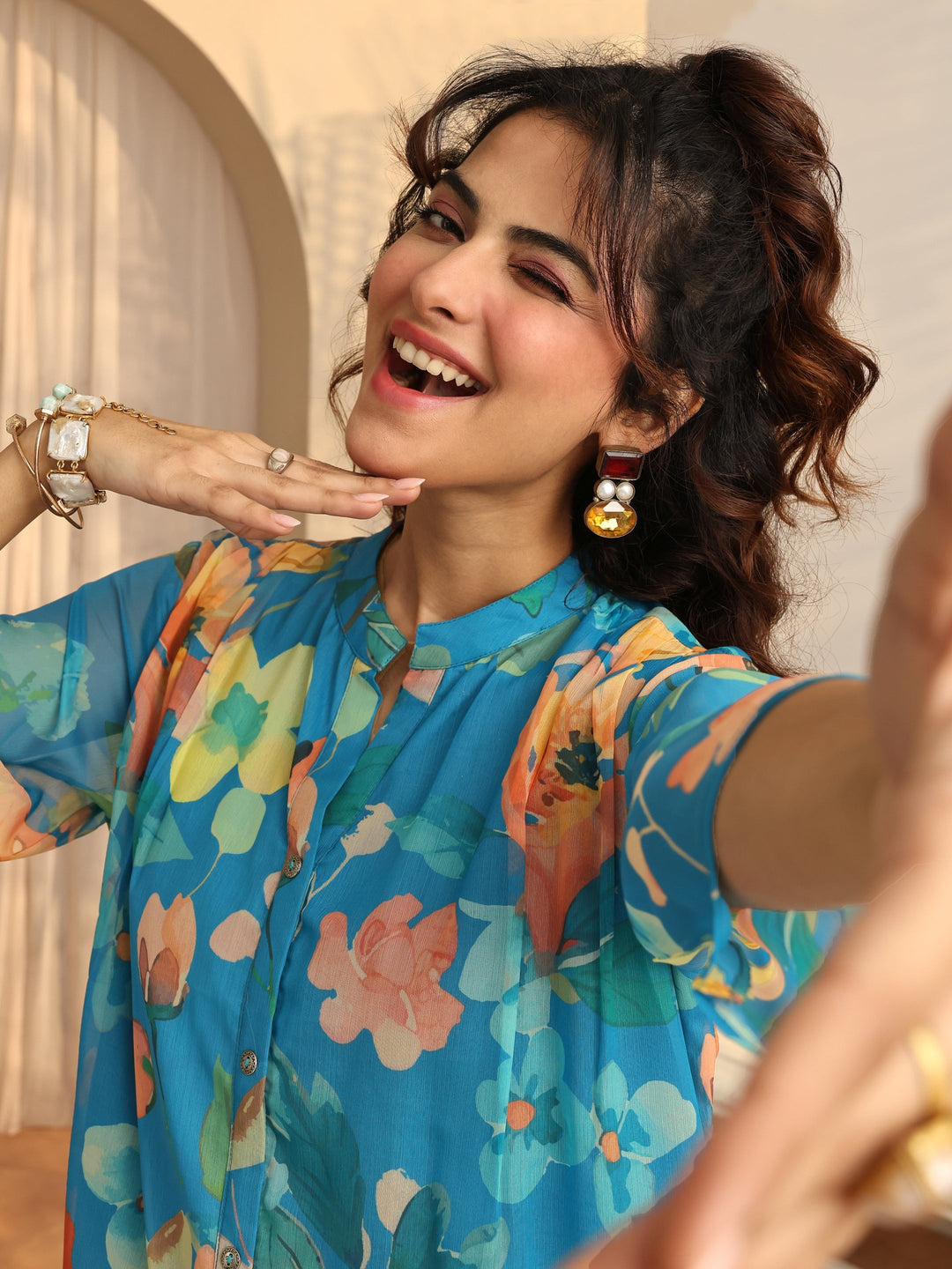  Blue Printed Chiffon Straight Shirt 