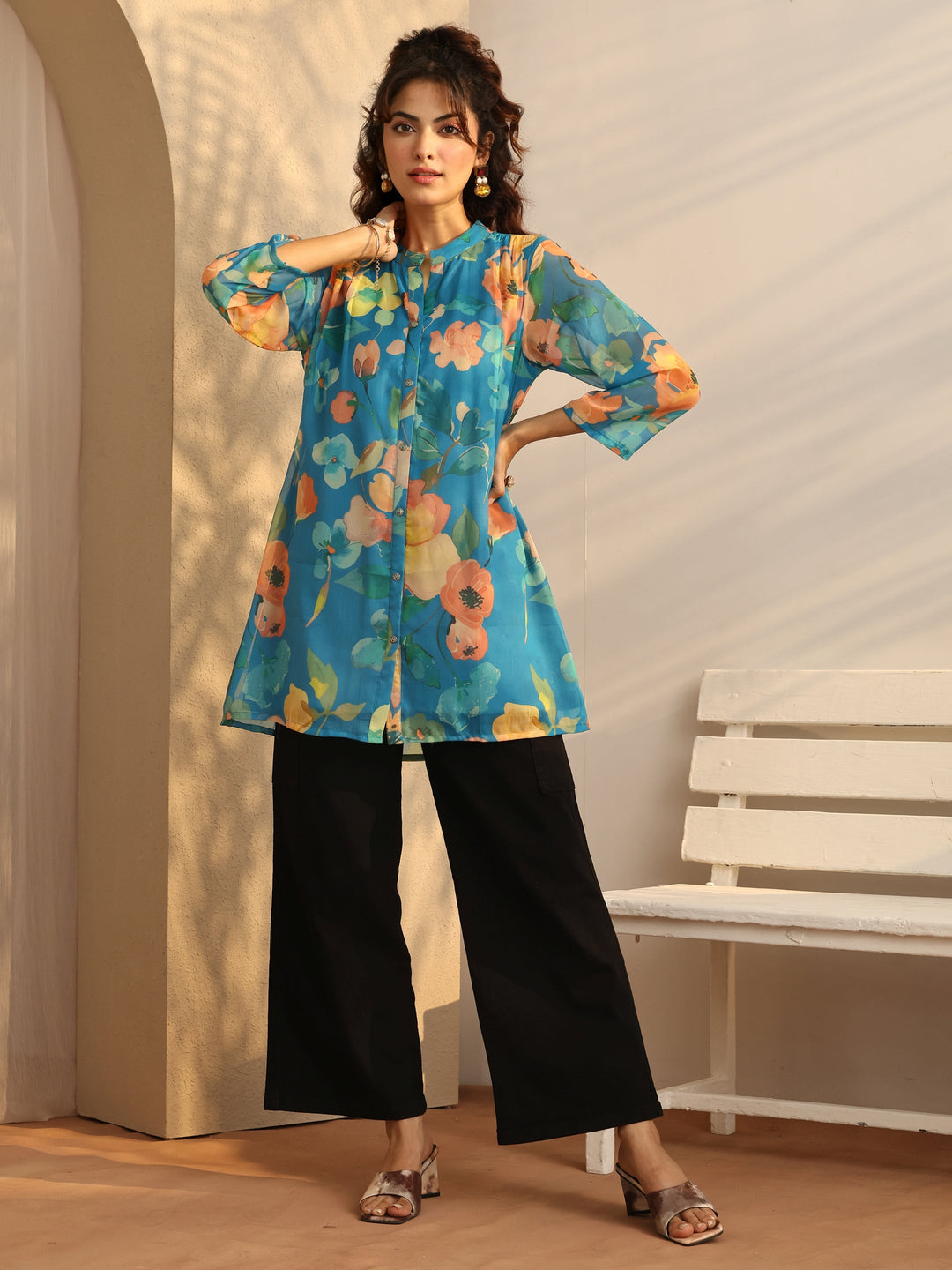  Blue Printed Chiffon Straight Shirt 
