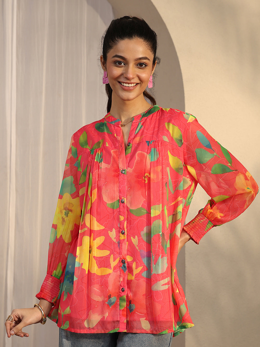 Coral Printed Chiffon A-Line Shirt-image-25