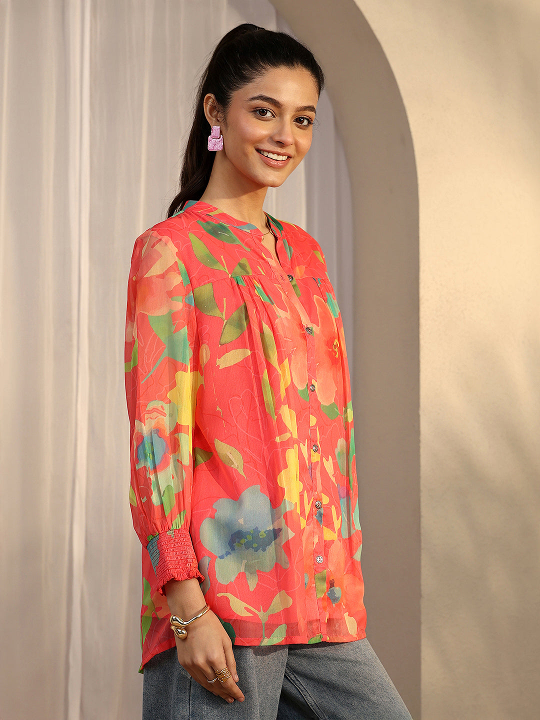 Coral Printed Chiffon A-Line Shirt 
