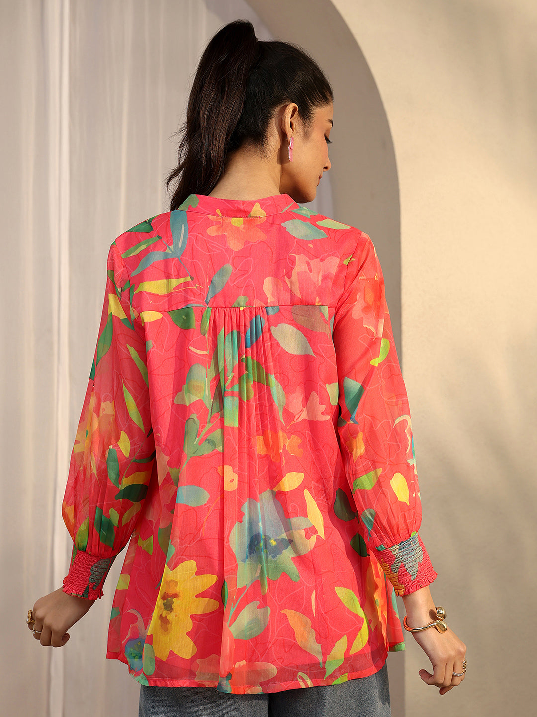  Coral Printed Chiffon A-Line Shirt 