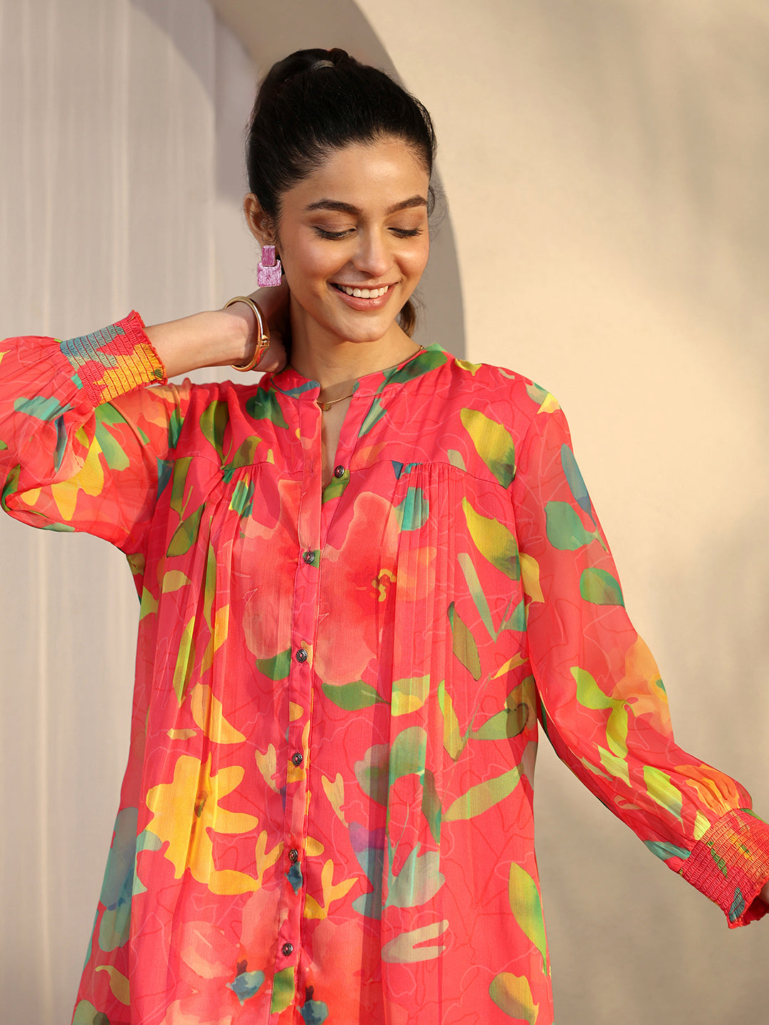  Coral Printed Chiffon A-Line Shirt 