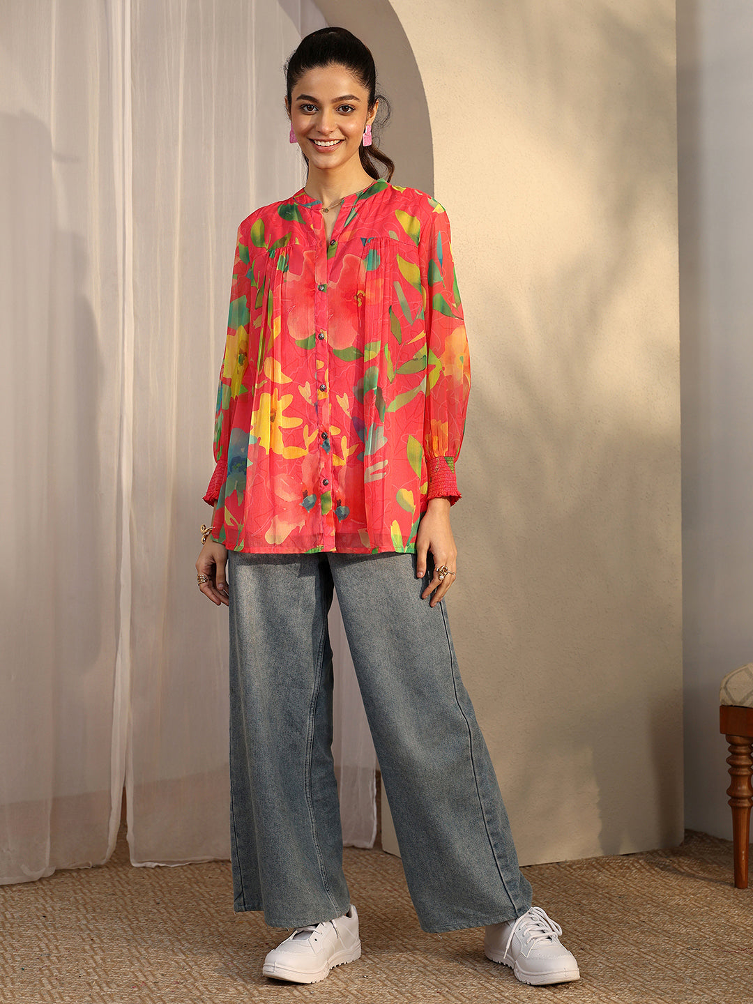  Coral Printed Chiffon A-Line Shirt 