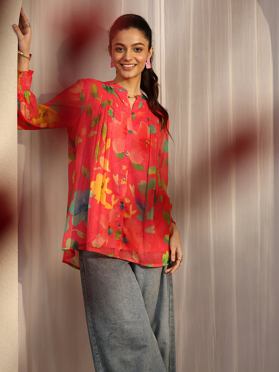  Coral Printed Chiffon A-Line Shirt 