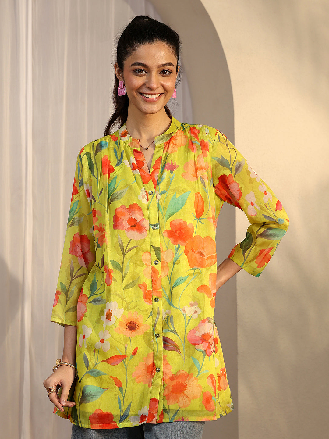 libas Mustard Printed Chiffon Straight Shirt-picture-46