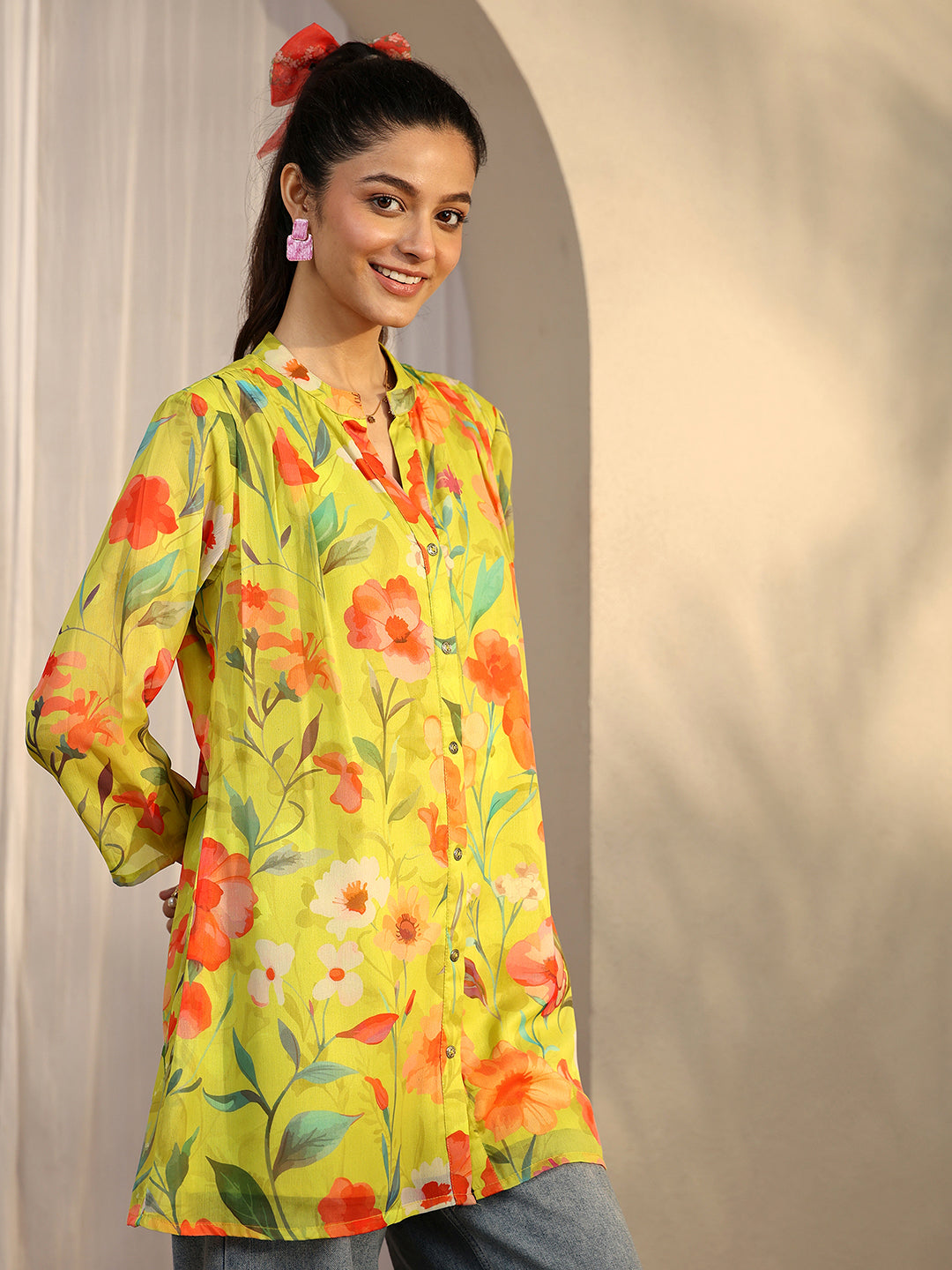  Mustard Printed Chiffon Straight Shirt 