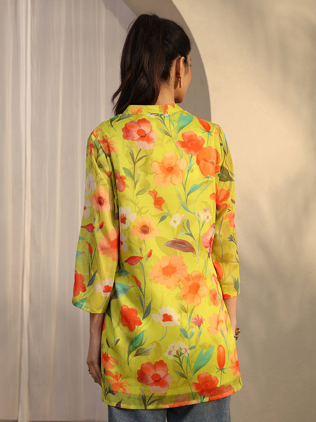  Mustard Printed Chiffon Straight Shirt 