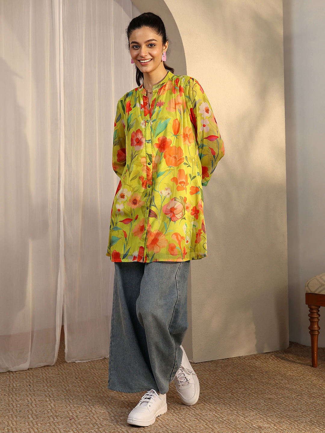 Mustard Printed Chiffon Straight Shirt 