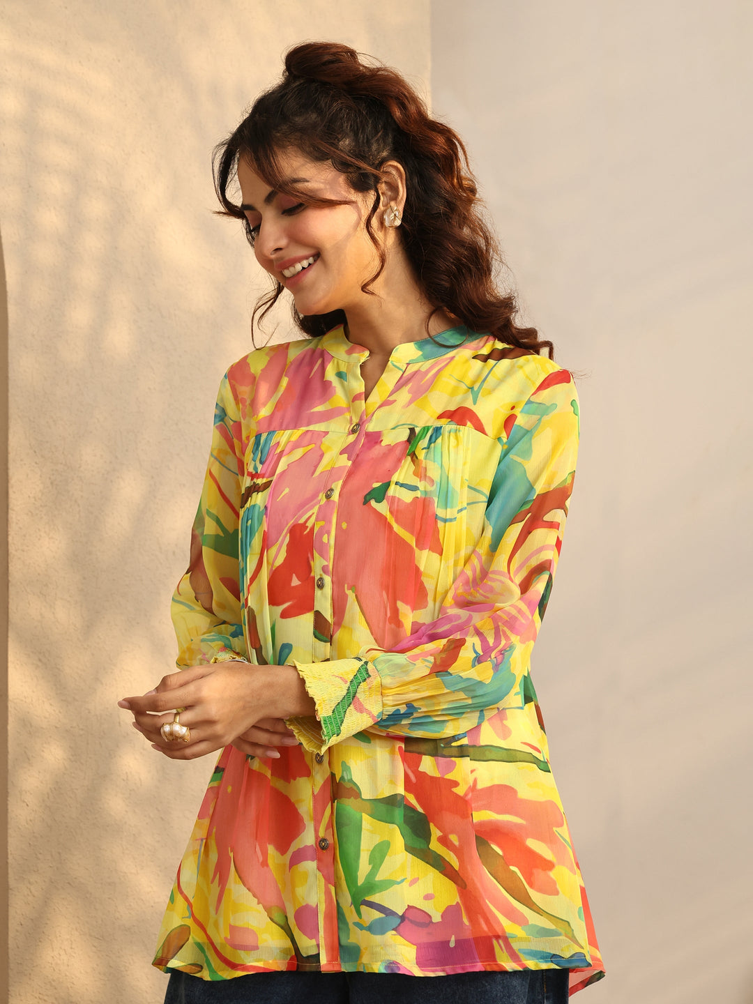  Yellow Printed Chiffon Straight Shirt 