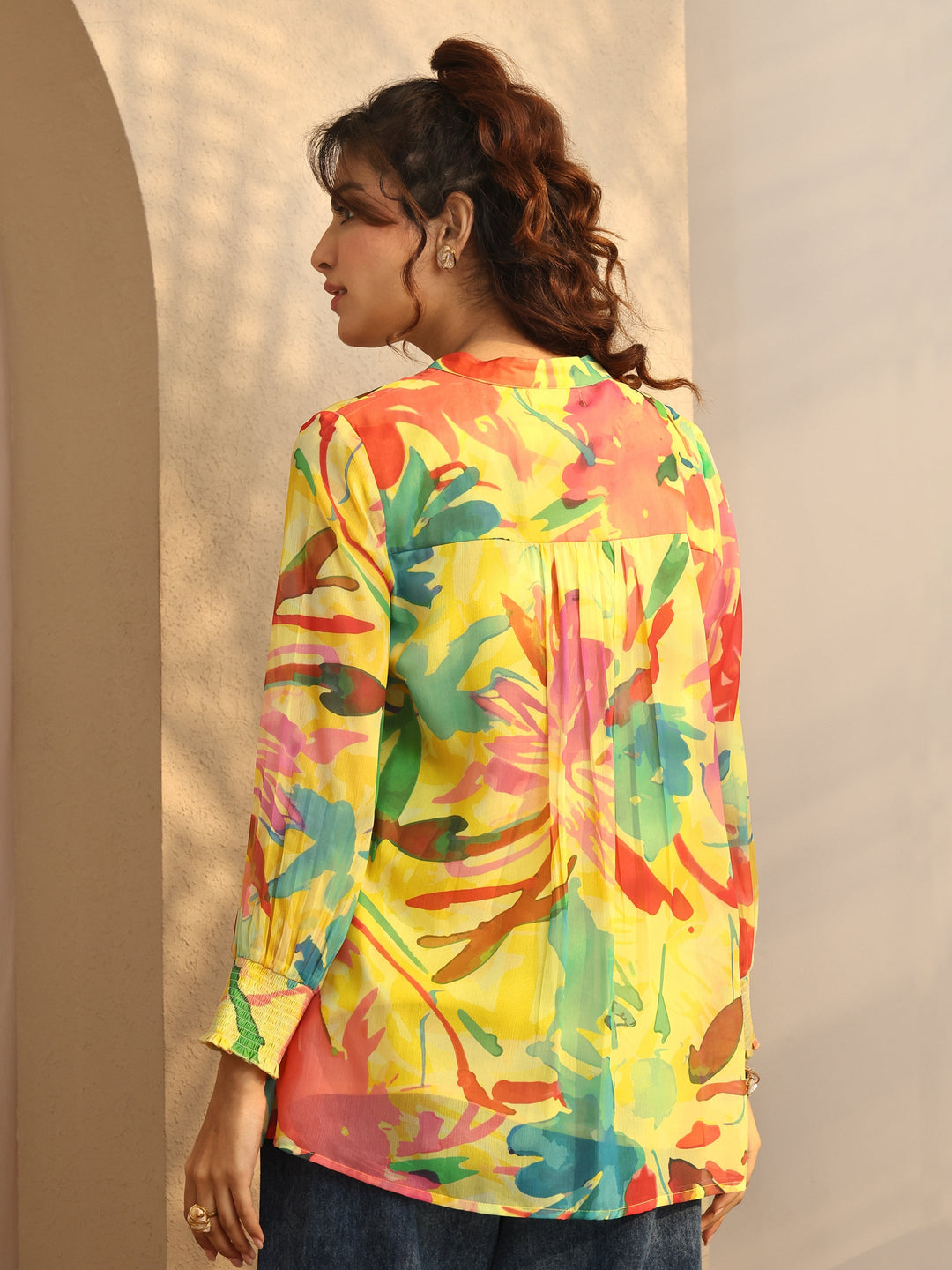  Yellow Printed Chiffon Straight Shirt 