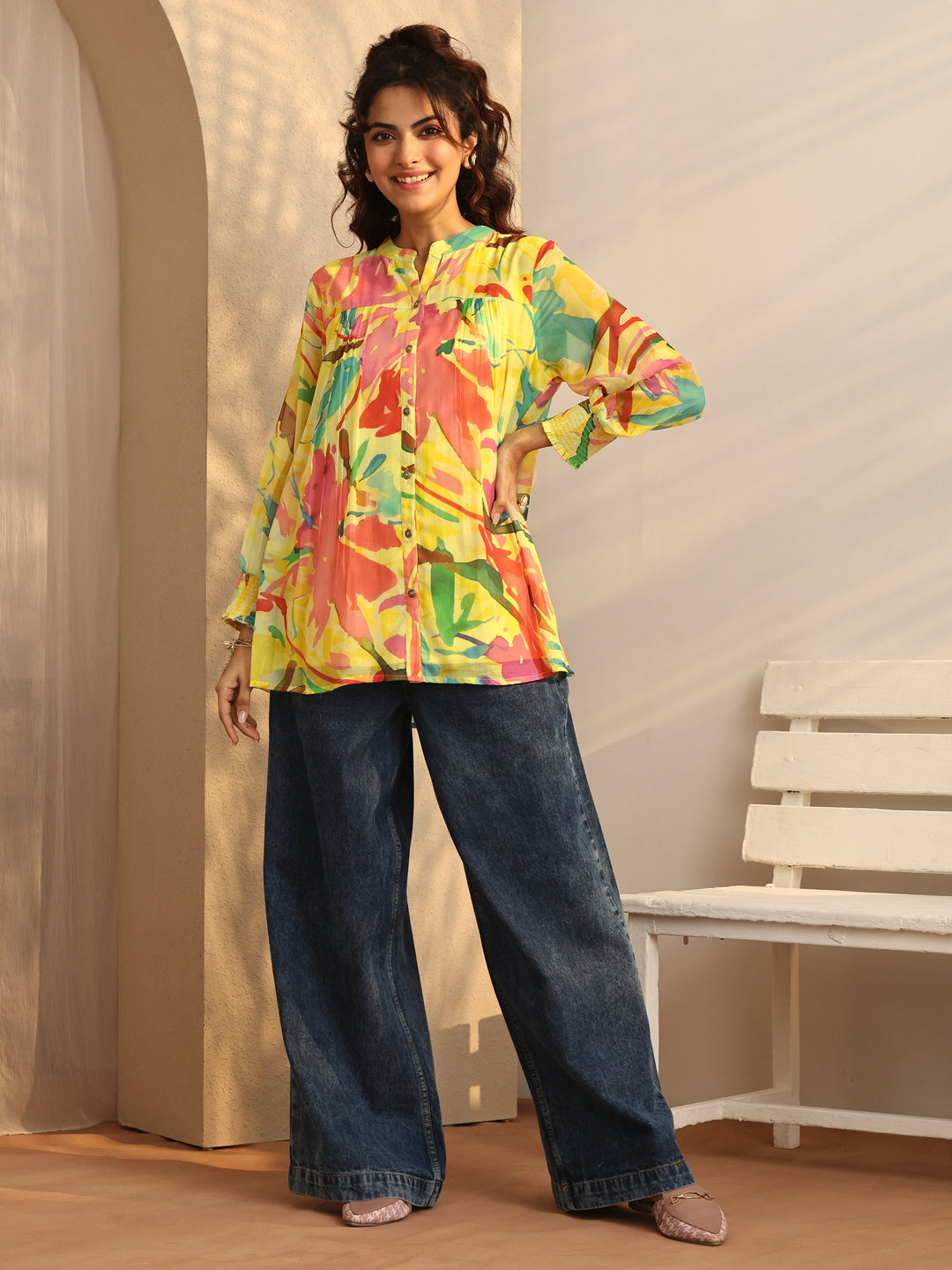  Yellow Printed Chiffon Straight Shirt 