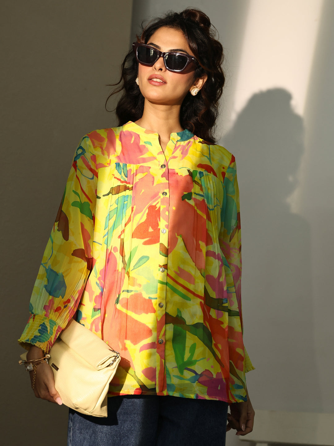  Yellow Printed Chiffon Straight Shirt 