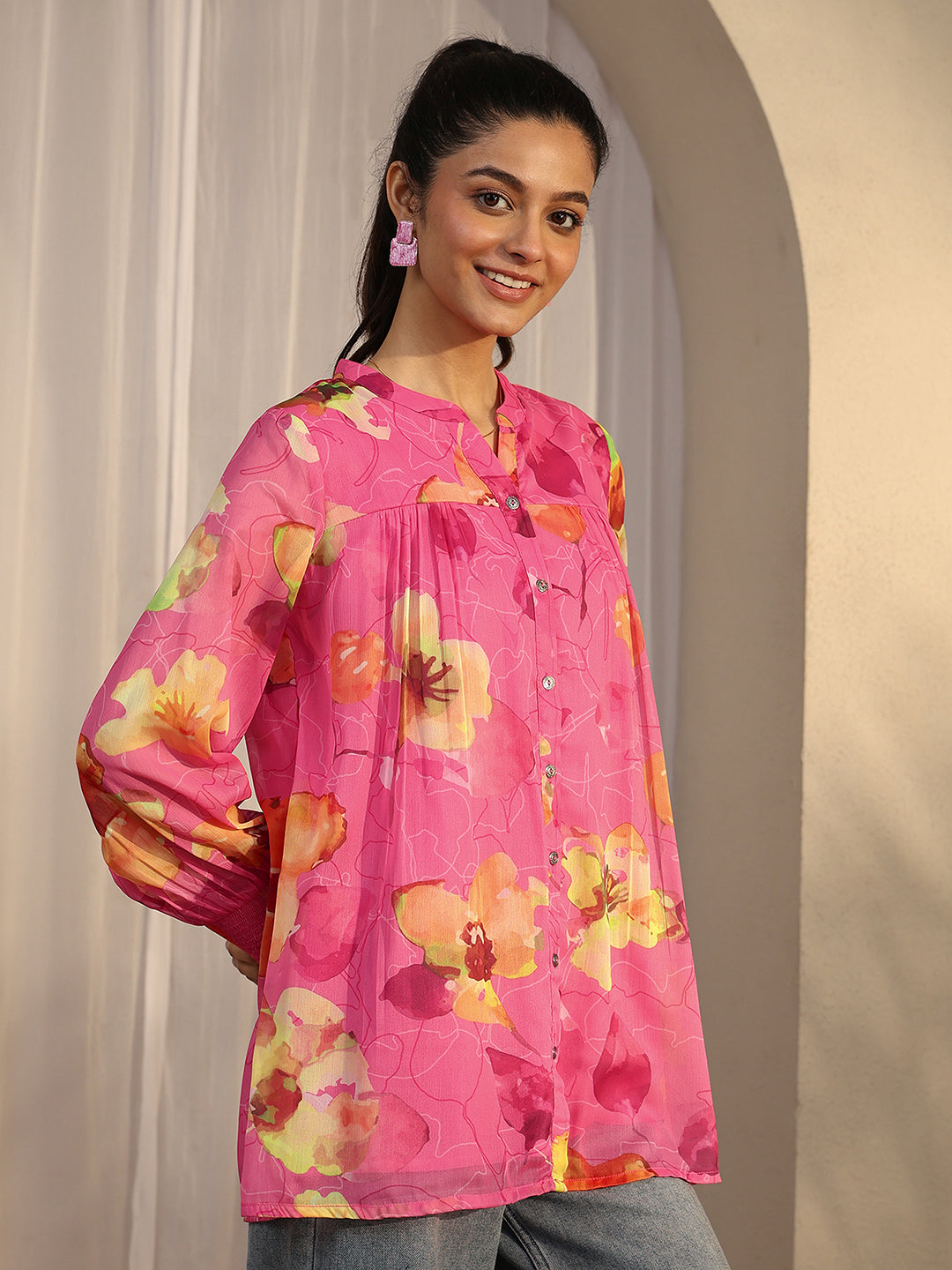  Pink Printed Chiffon Straight Shirt 