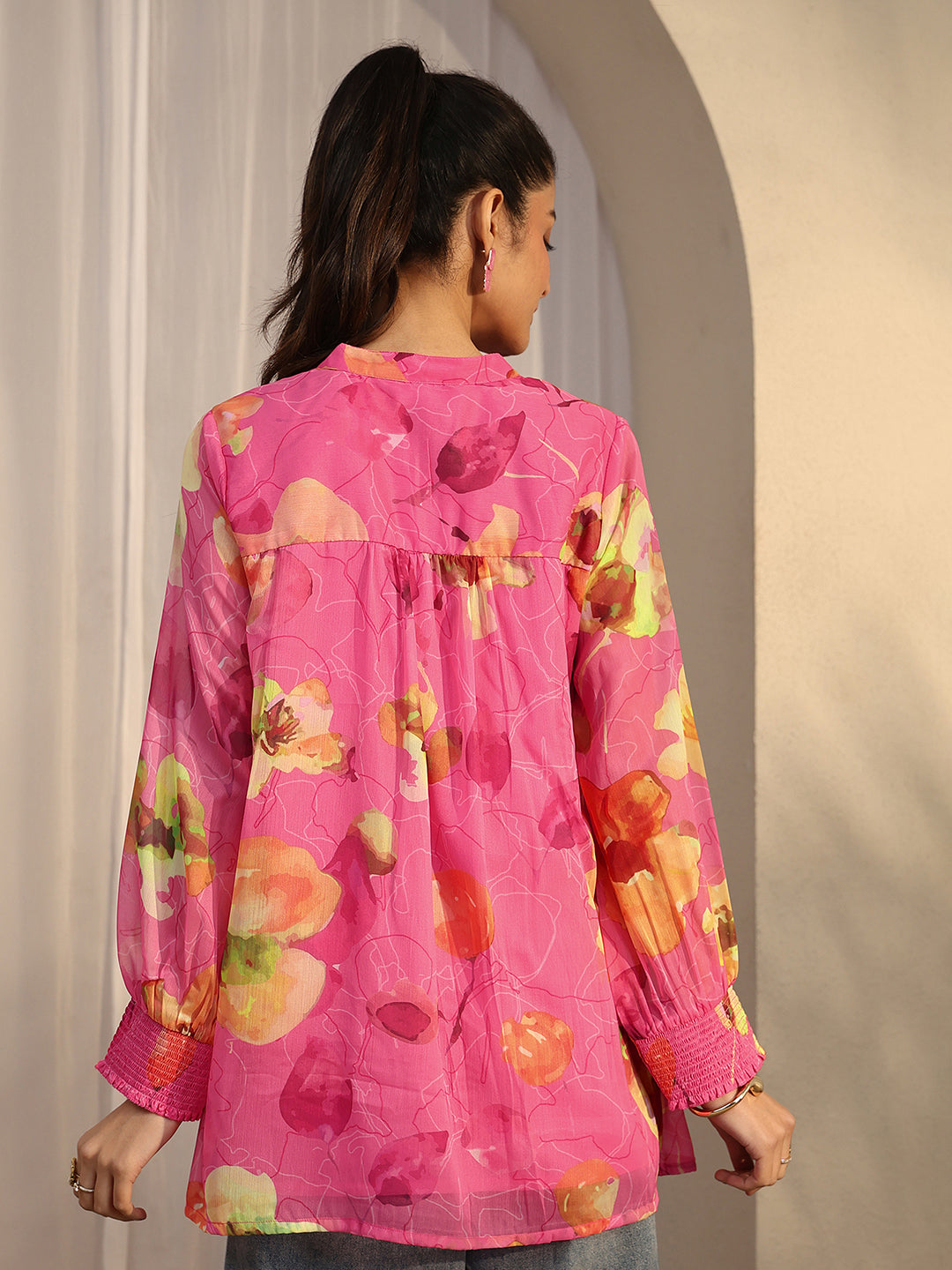  Pink Printed Chiffon Straight Shirt 