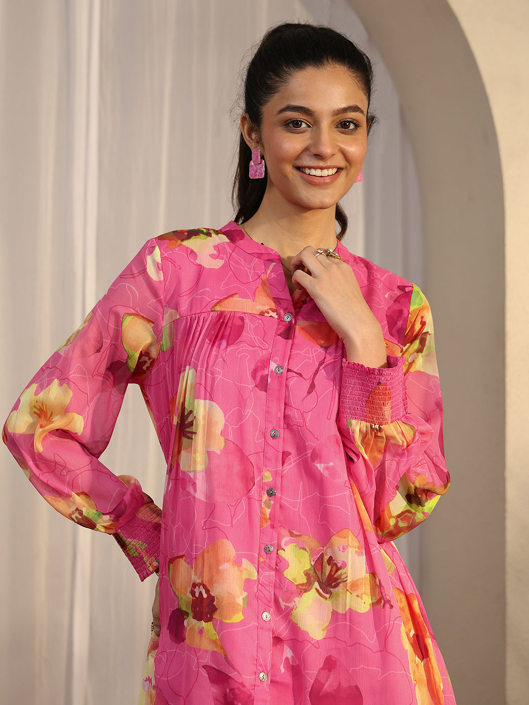  Pink Printed Chiffon Straight Shirt 