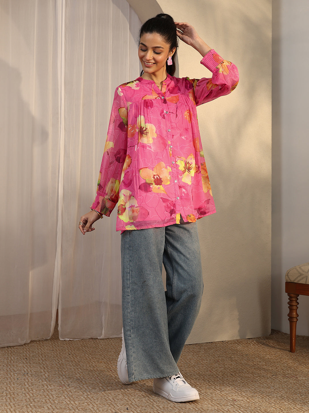  Pink Printed Chiffon Straight Shirt 