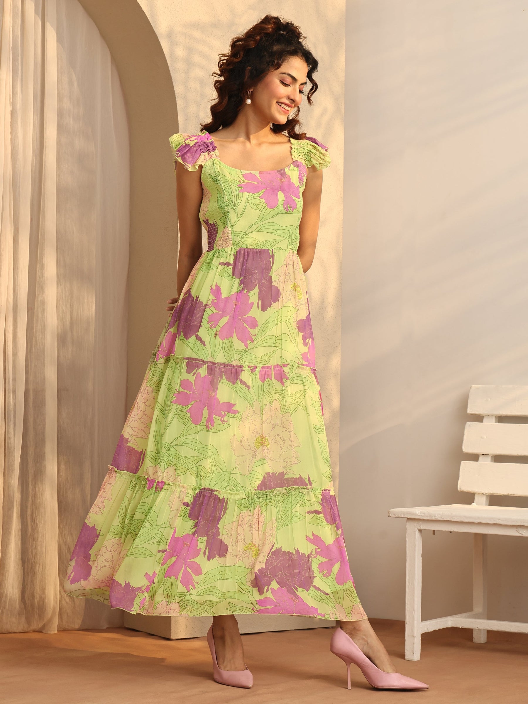 Beige Printed Silk Blend A-Line Kurti