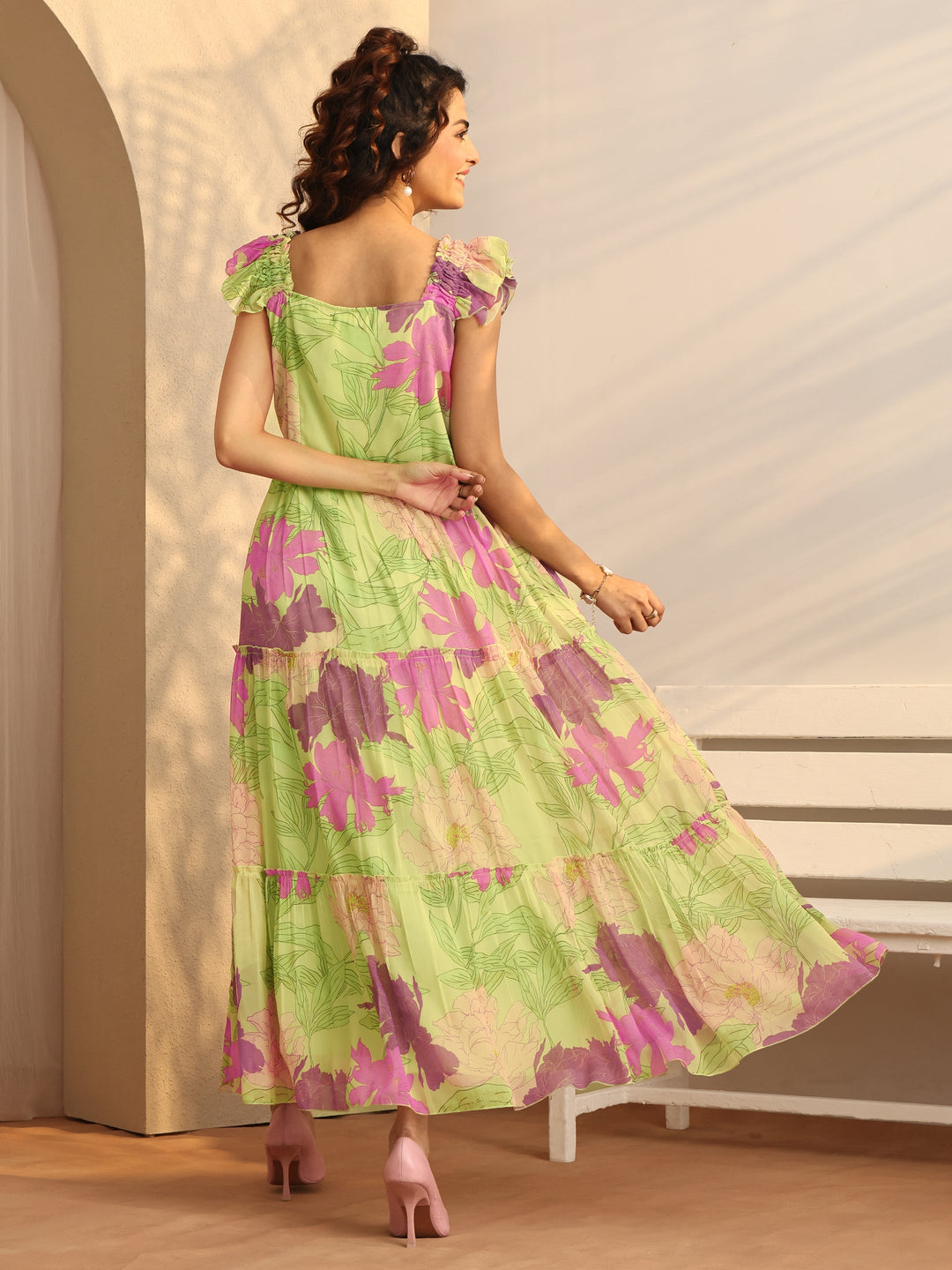  Green Printed Chiffon Fit And Flare One Piece Dress 