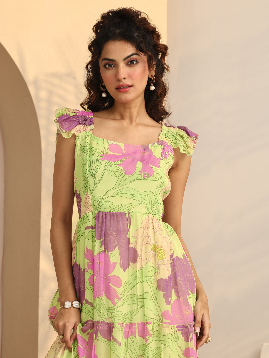  Green Printed Chiffon Fit And Flare One Piece Dress 
