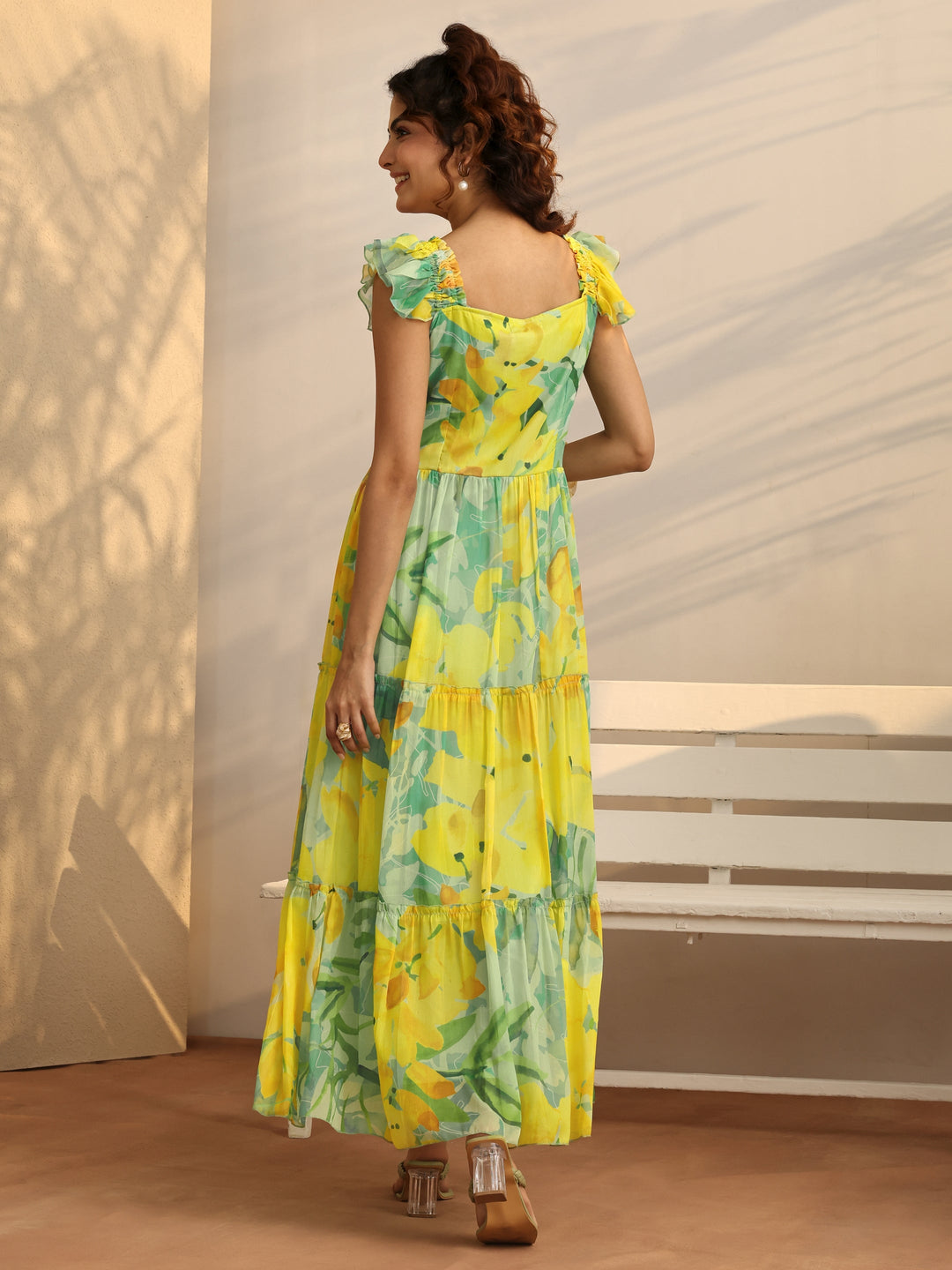  Sea Green Printed Chiffon Fit And Flare One Piece Dress 