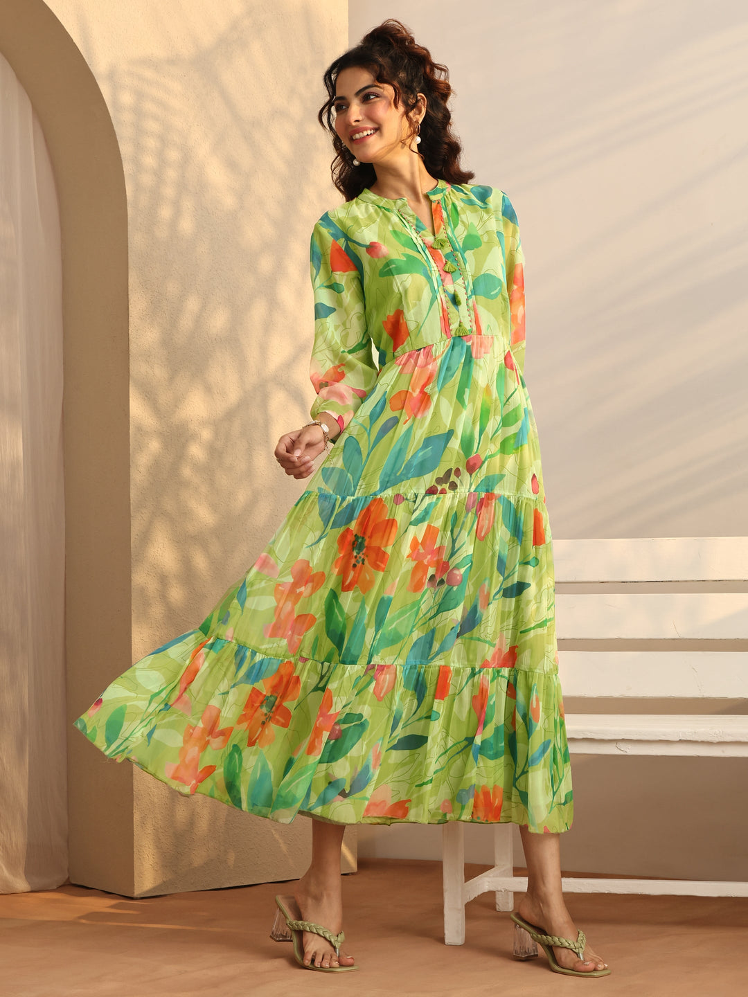  Green Printed Chiffon Fit And Flare One Piece Dress 