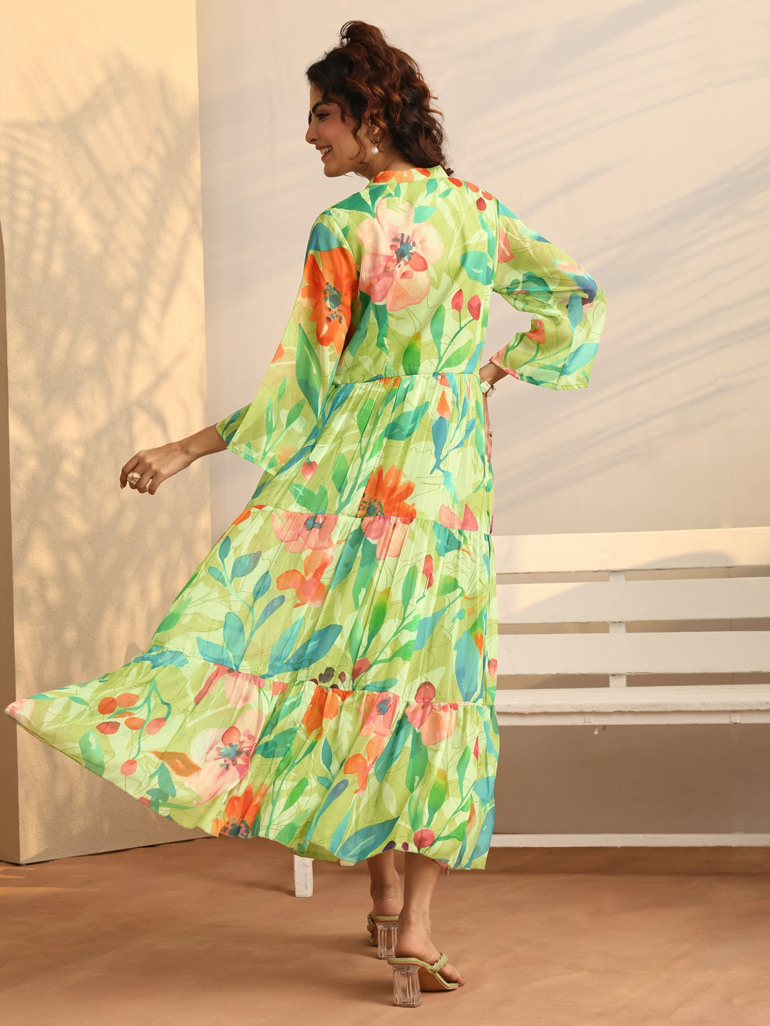  Green Printed Chiffon Fit And Flare One Piece Dress 