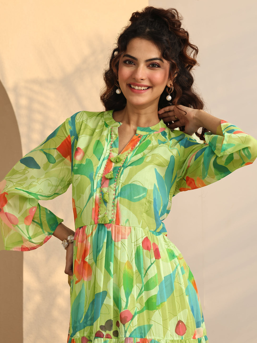  Green Printed Chiffon Fit And Flare One Piece Dress 